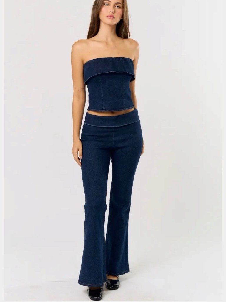 Two-Piece Matching Set Denim Fold-Over Tube Top Flared Pants S M L Stretch Blue